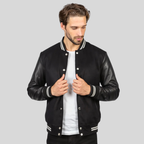Black Varsity Jacket with Contrast Stripes for men