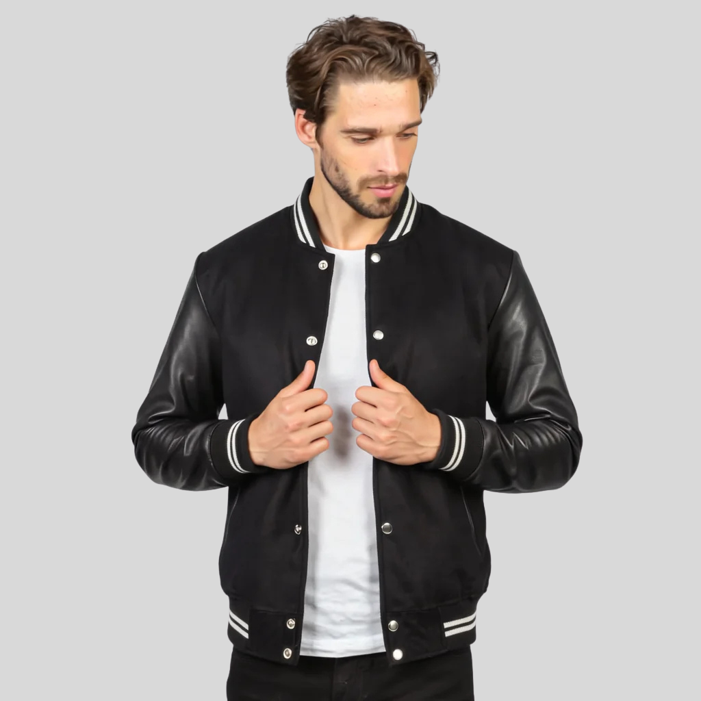 Black Varsity Jacket with Contrast Stripes for men