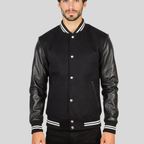 Black Varsity Jacket with Contrast Stripes for men
