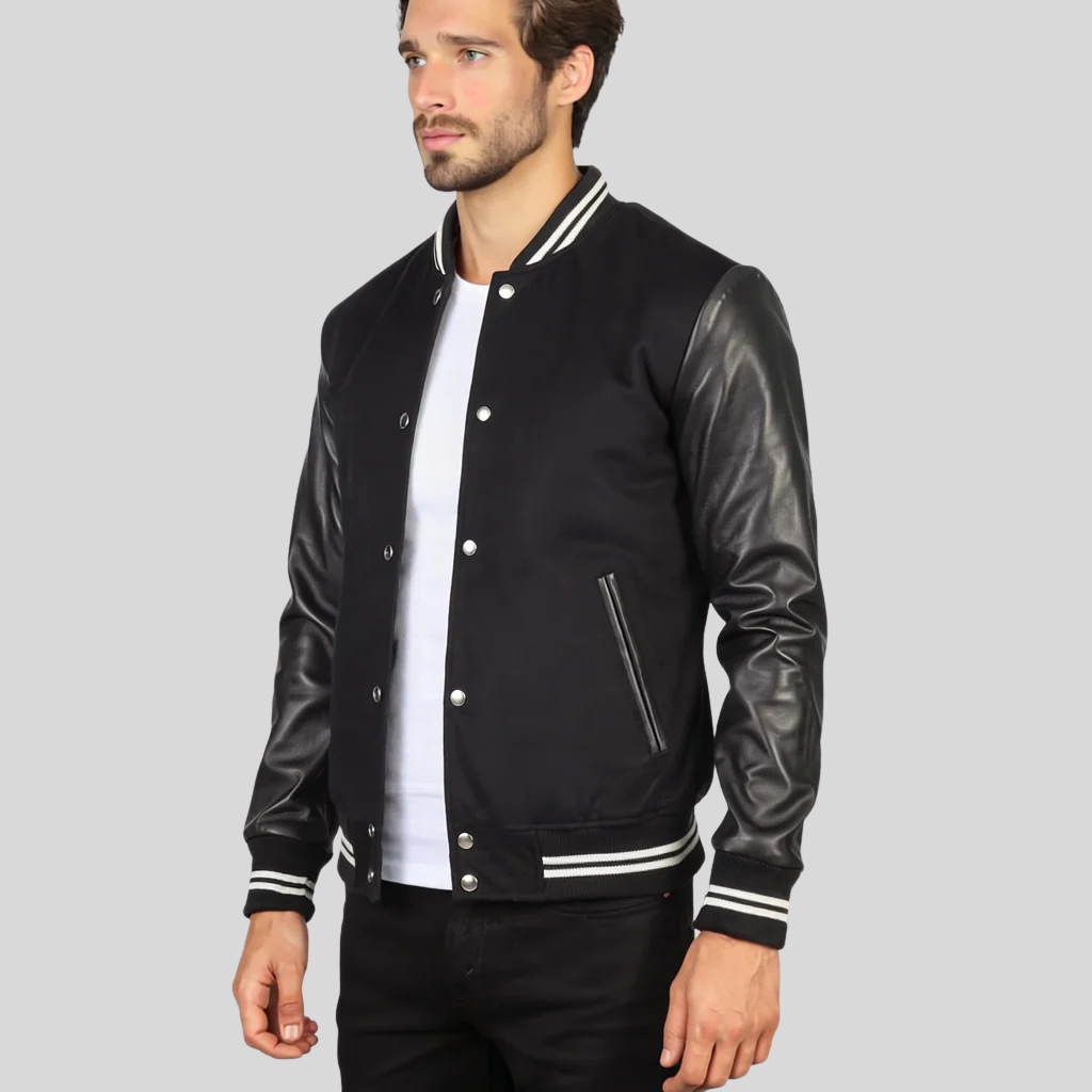 Black Varsity Jacket with Contrast Stripes for men