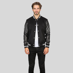Black Varsity Jacket with Contrast Stripes for men