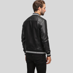 Black Varsity Jacket with Contrast Stripes for men