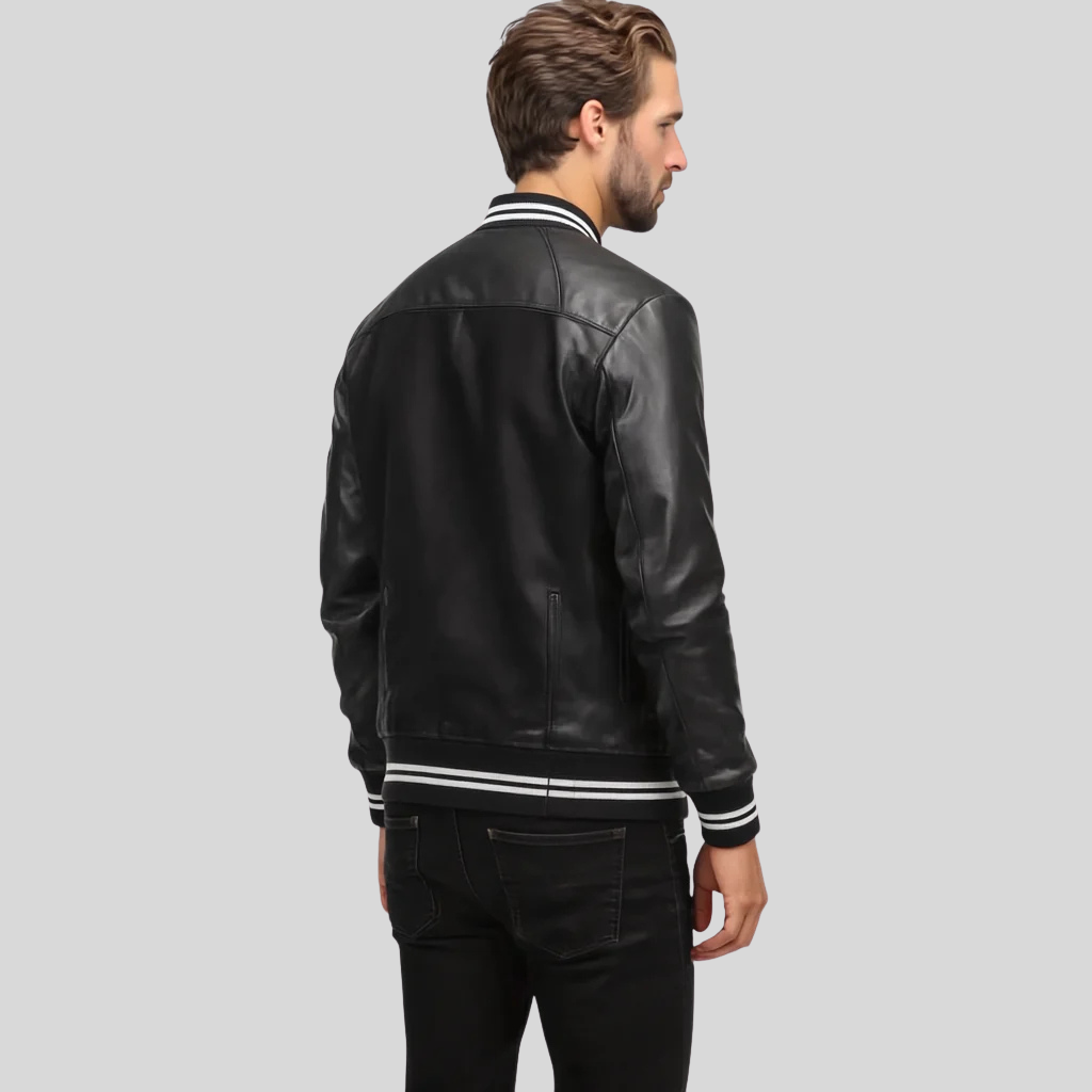 Black Varsity Jacket with Contrast Stripes for men