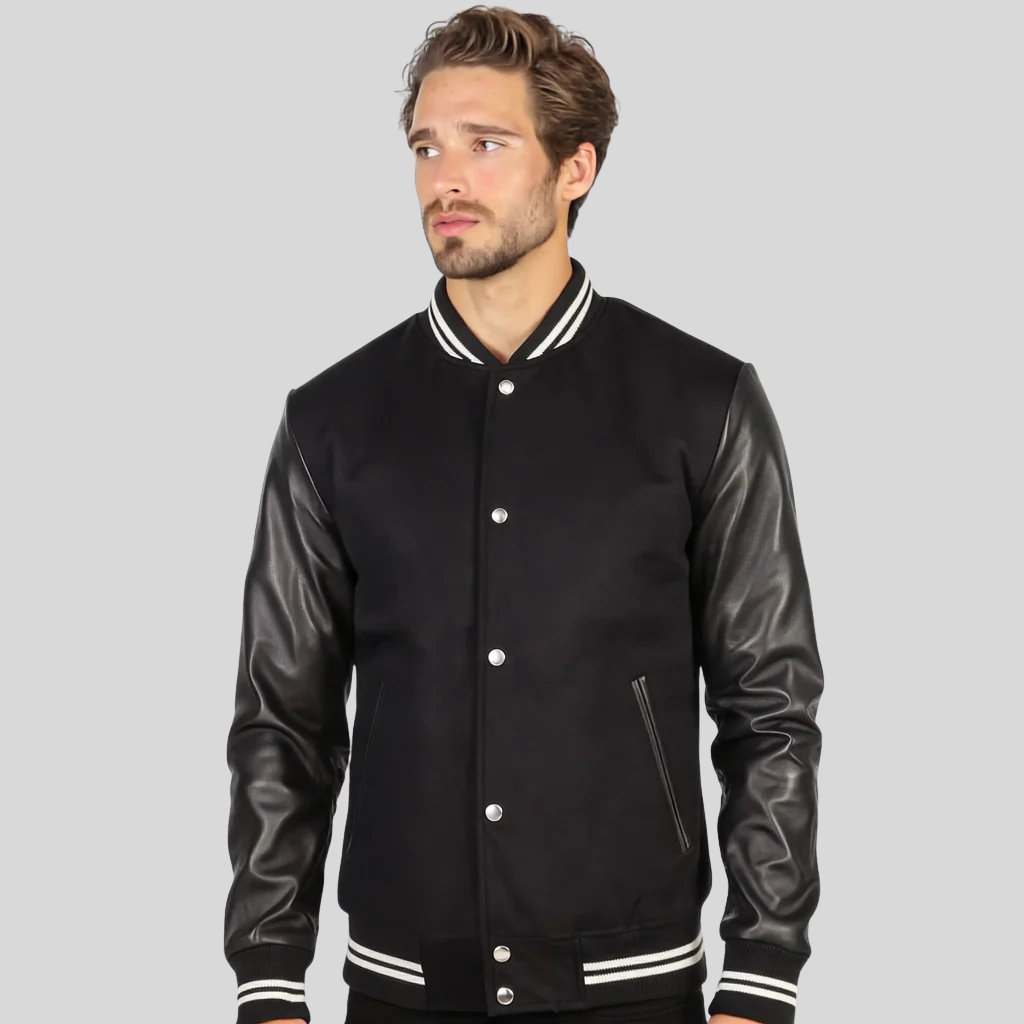 Black Varsity Jacket with Contrast Stripes for men