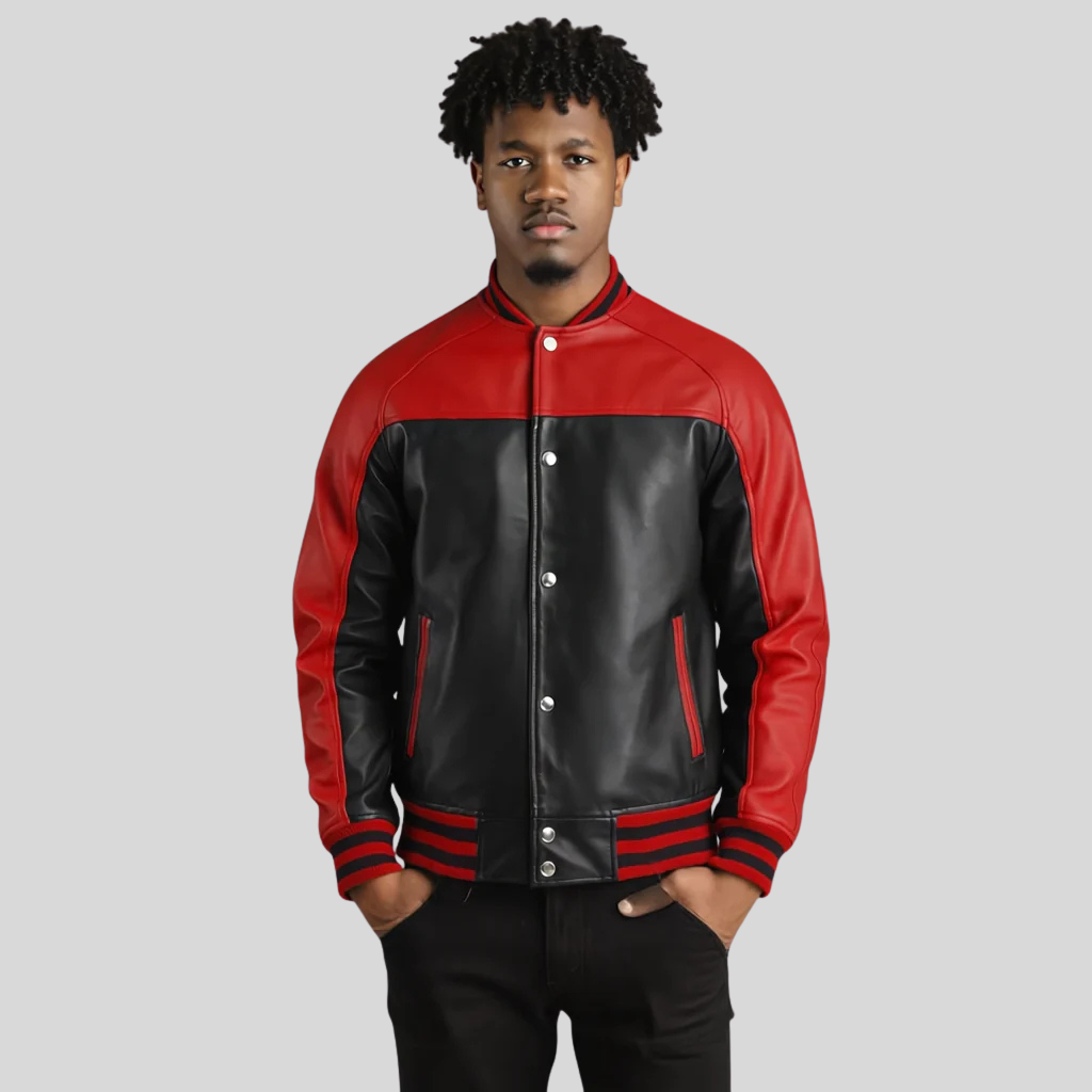 Terrance Black & Red Leather Varsity Jacket – Men’s Classic Hybrid for men