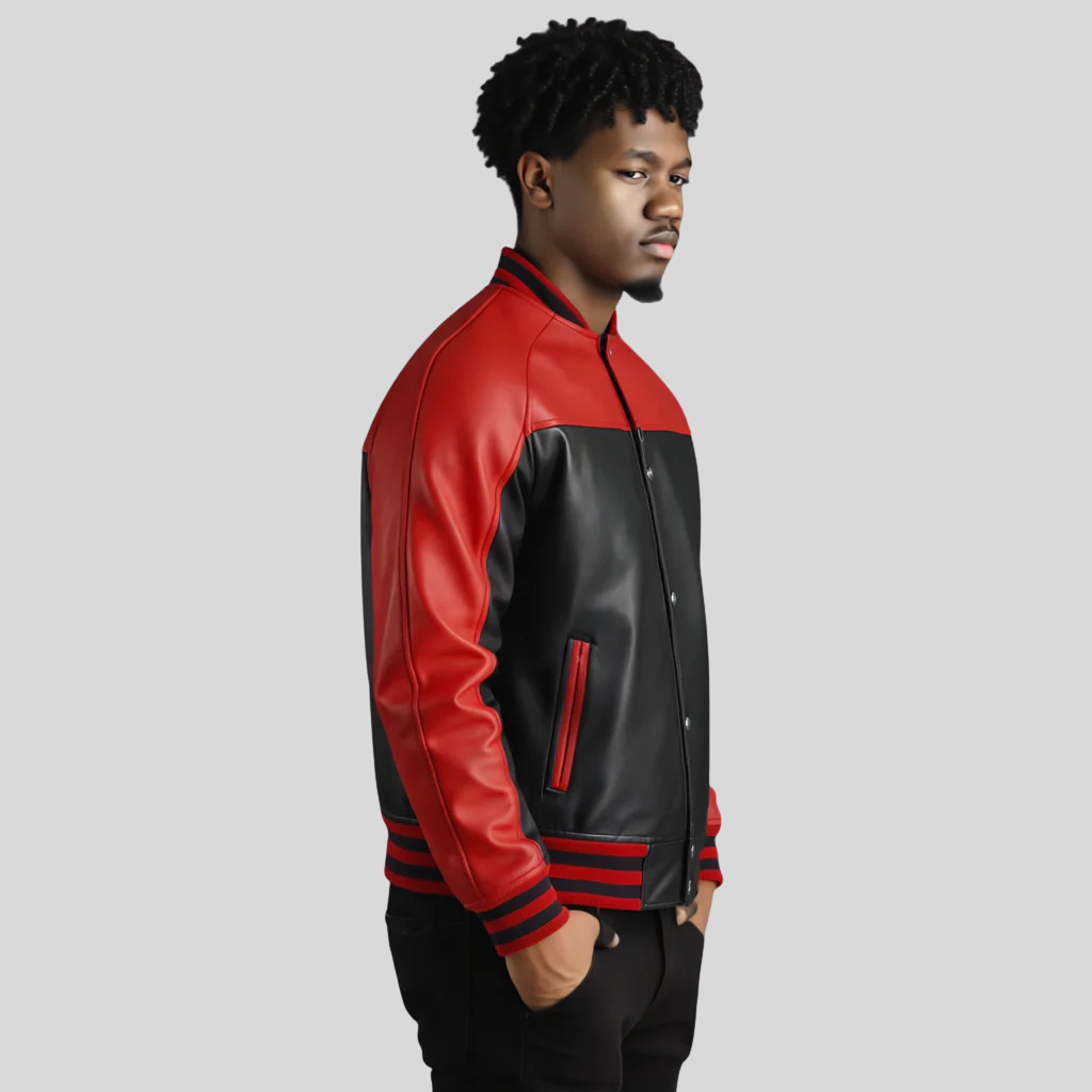 Terrance Black & Red Leather Varsity Jacket – Men’s Classic Hybrid for men
