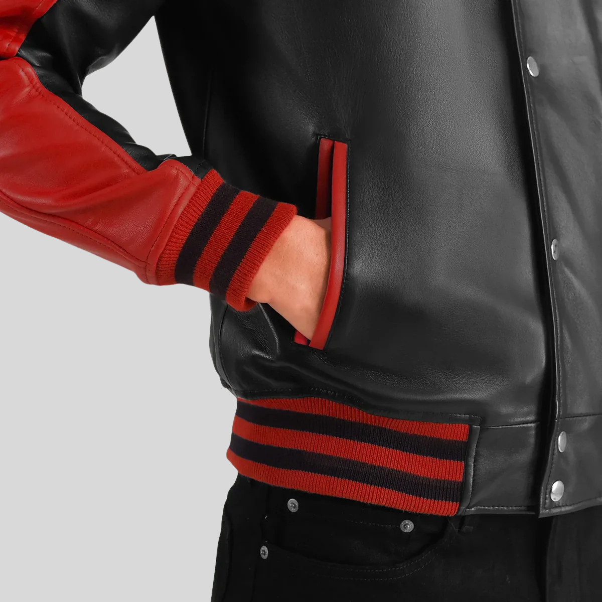Terrance Black & Red Leather Varsity Jacket – Men’s Classic Hybrid for men