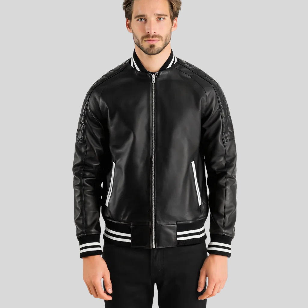 Pascal Black Leather Varsity Jacket – Men’s Premium Hybrid