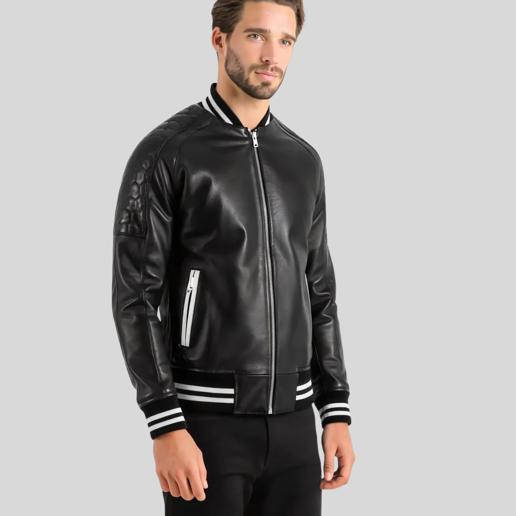 Pascal Black Leather Varsity Jacket – Men’s Premium Hybrid