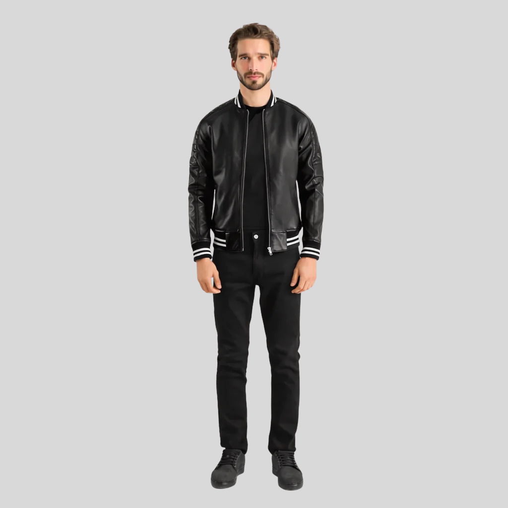 Pascal Black Leather Varsity Jacket – Men’s Premium Hybrid