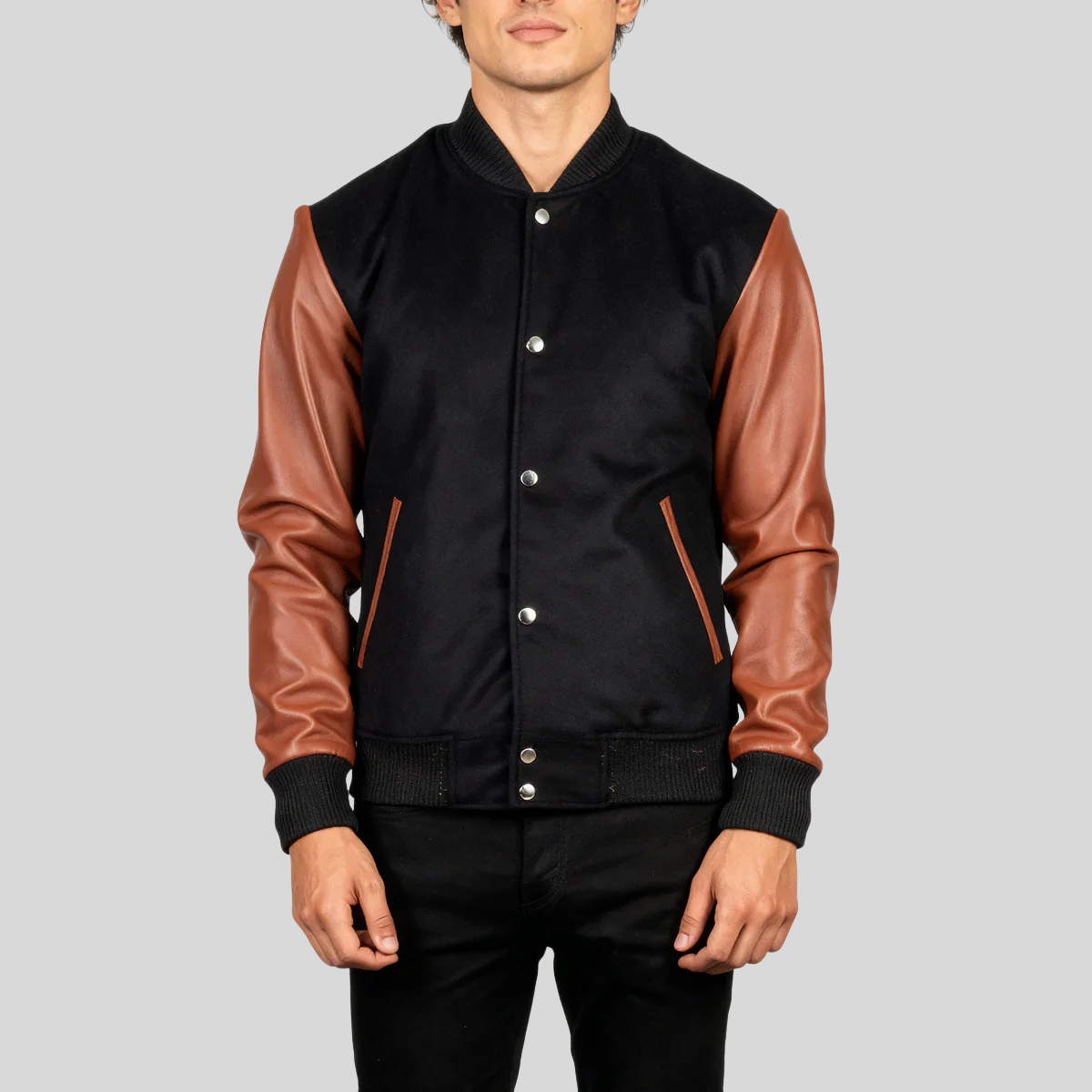 Vaxton Brown & Black Hybrid Varsity Jacket – Men’s Premium Style