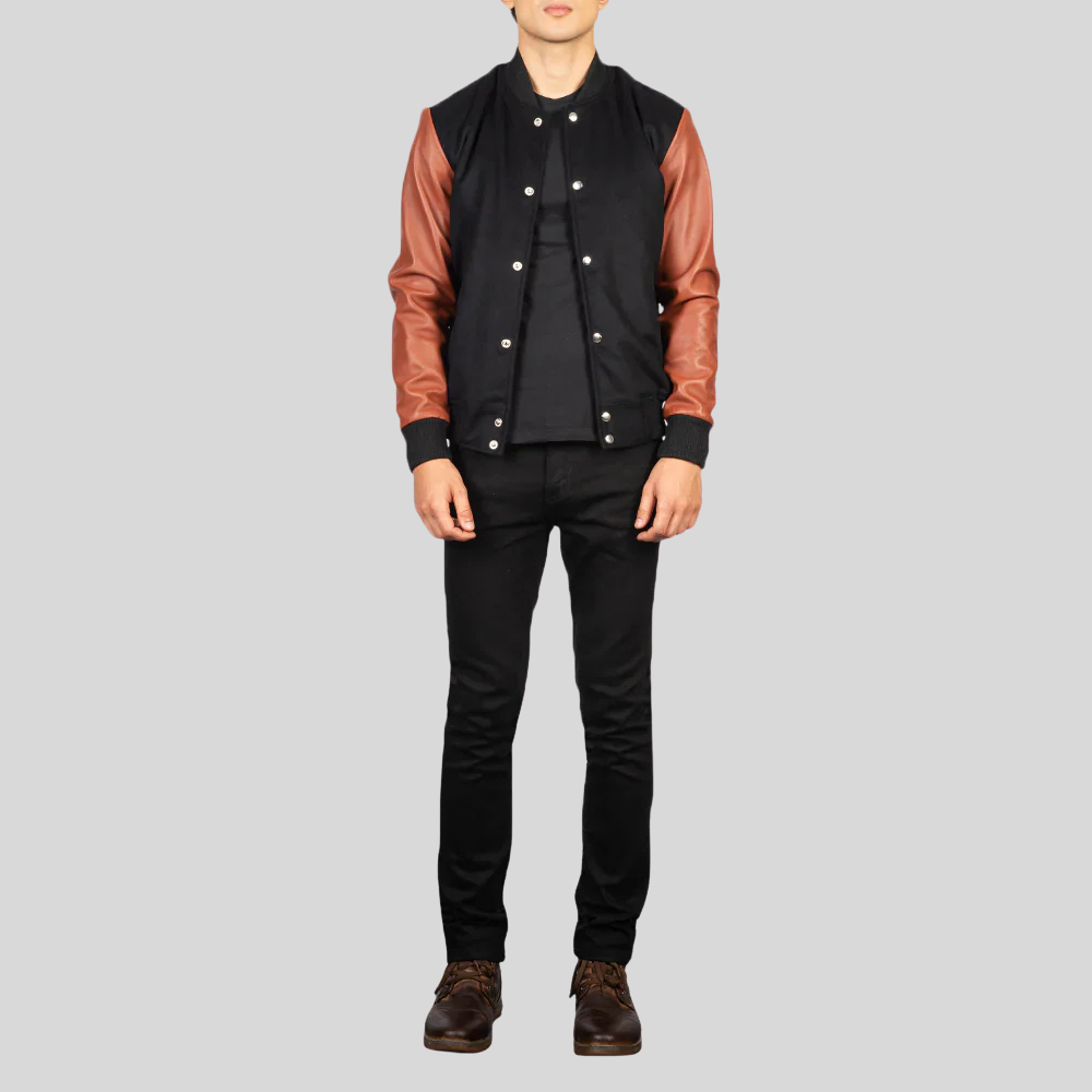 Vaxton Brown & Black Hybrid Varsity Jacket – Men’s Premium Style