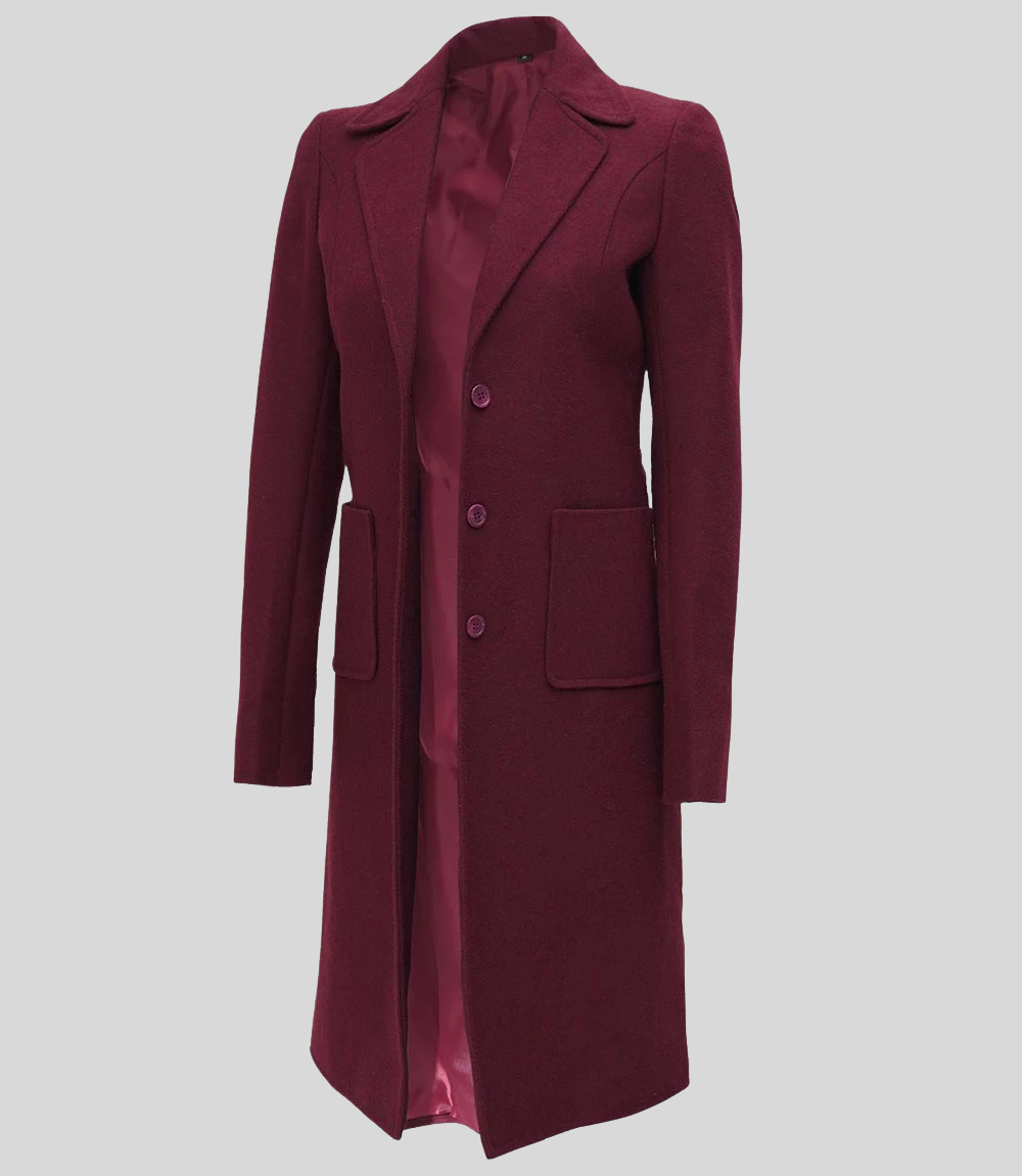 Connie Women’s Elegant Burgundy Long Wool Overcoat