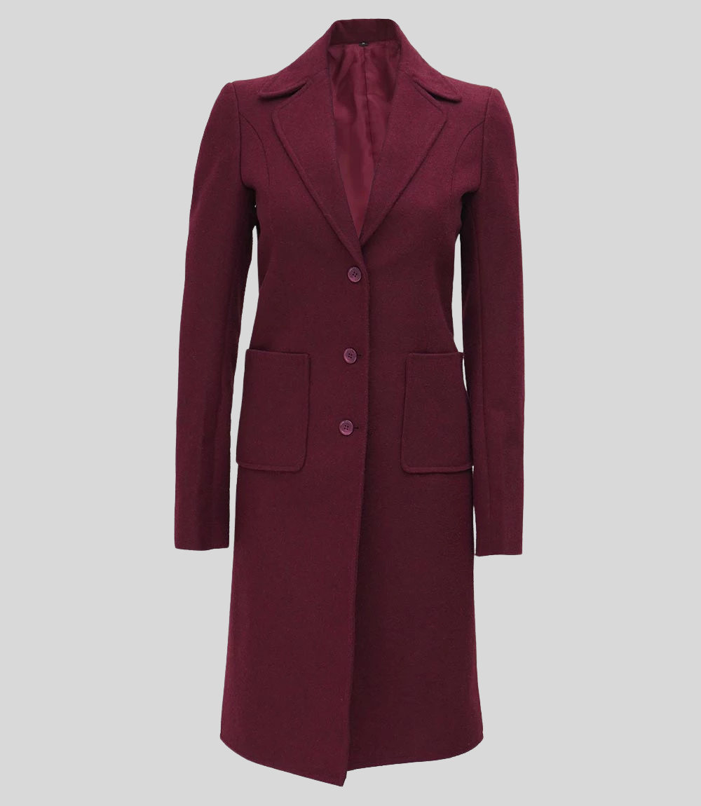 Connie Women’s Elegant Burgundy Long Wool Overcoat