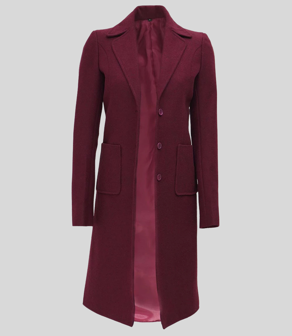 Connie Women’s Elegant Burgundy Long Wool Overcoat