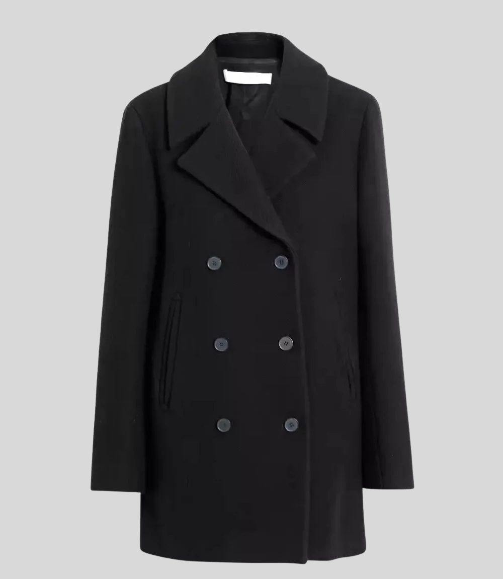 Shalon Women’s Elegant Black Double-Breasted Wool Pea Coat