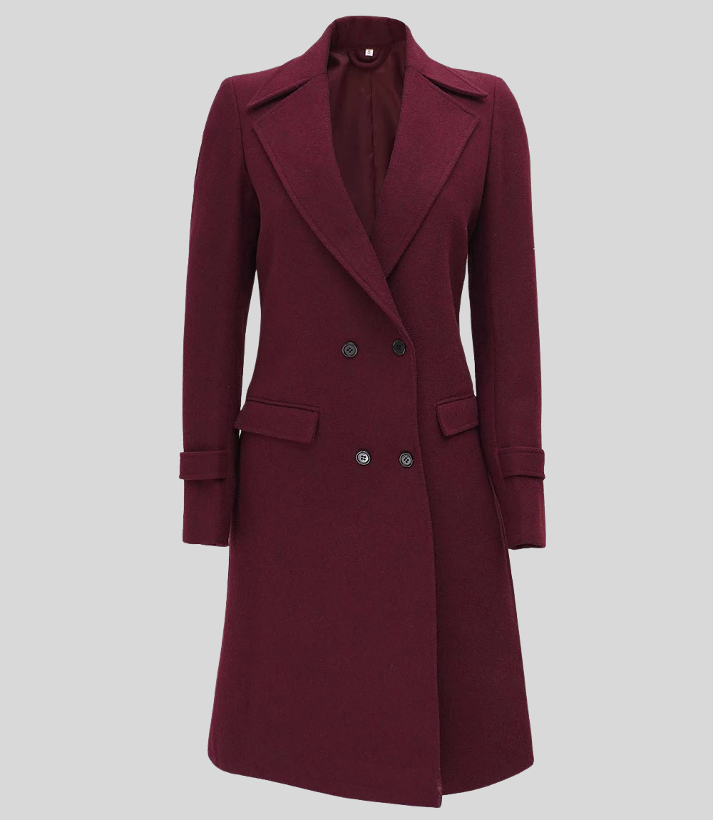 Doris Women’s Elegant Burgundy Double-Breasted Wool Coat