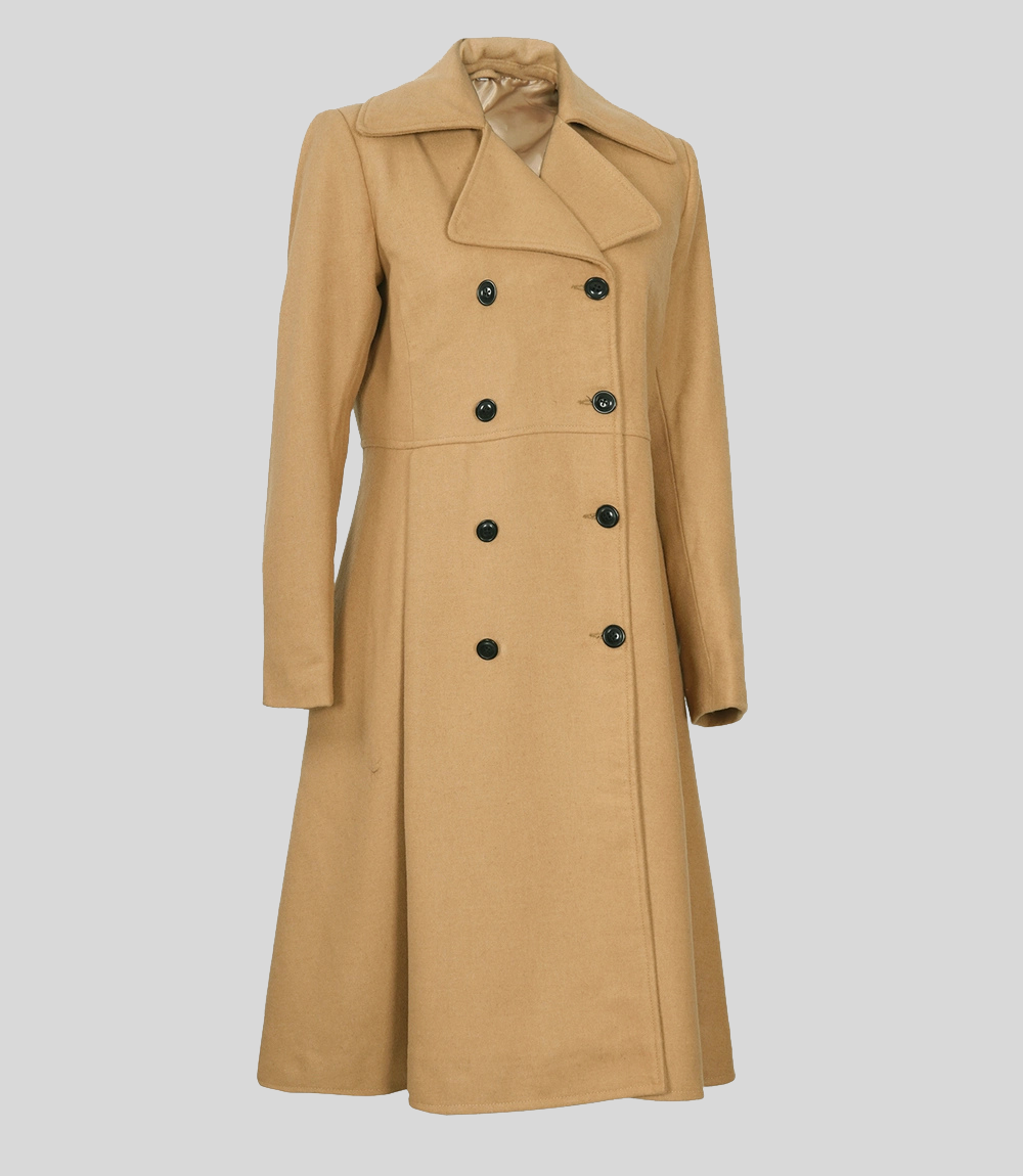 Women’s Elegant Beige Double-Breasted Wool Overcoat