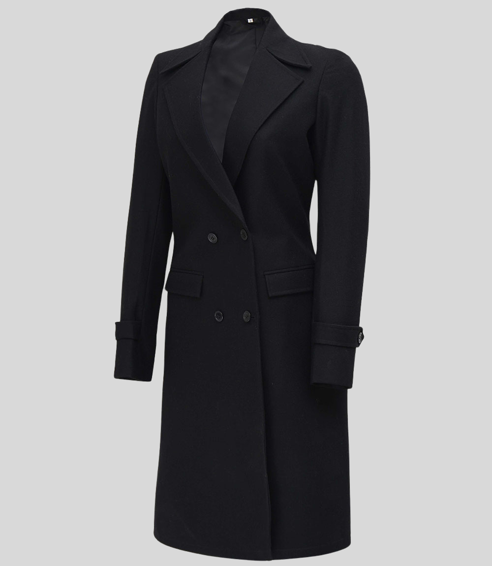 Women’s Classic Black Double-Breasted Wool Coat with Pockets