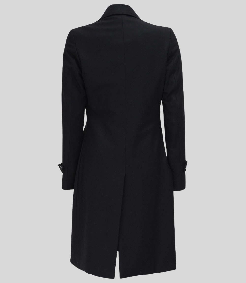 Women’s Classic Black Double-Breasted Wool Coat with Pockets