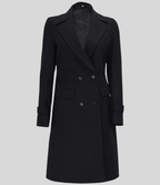Women’s Classic Black Double-Breasted Wool Coat with Pockets