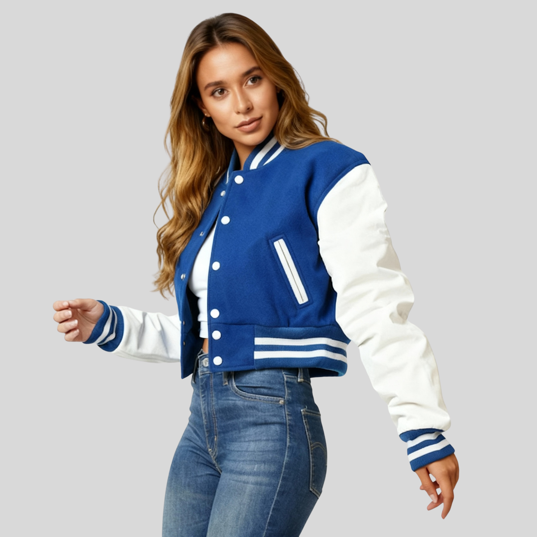Bright Royal Blue & White Letterman Crop Top Jacket