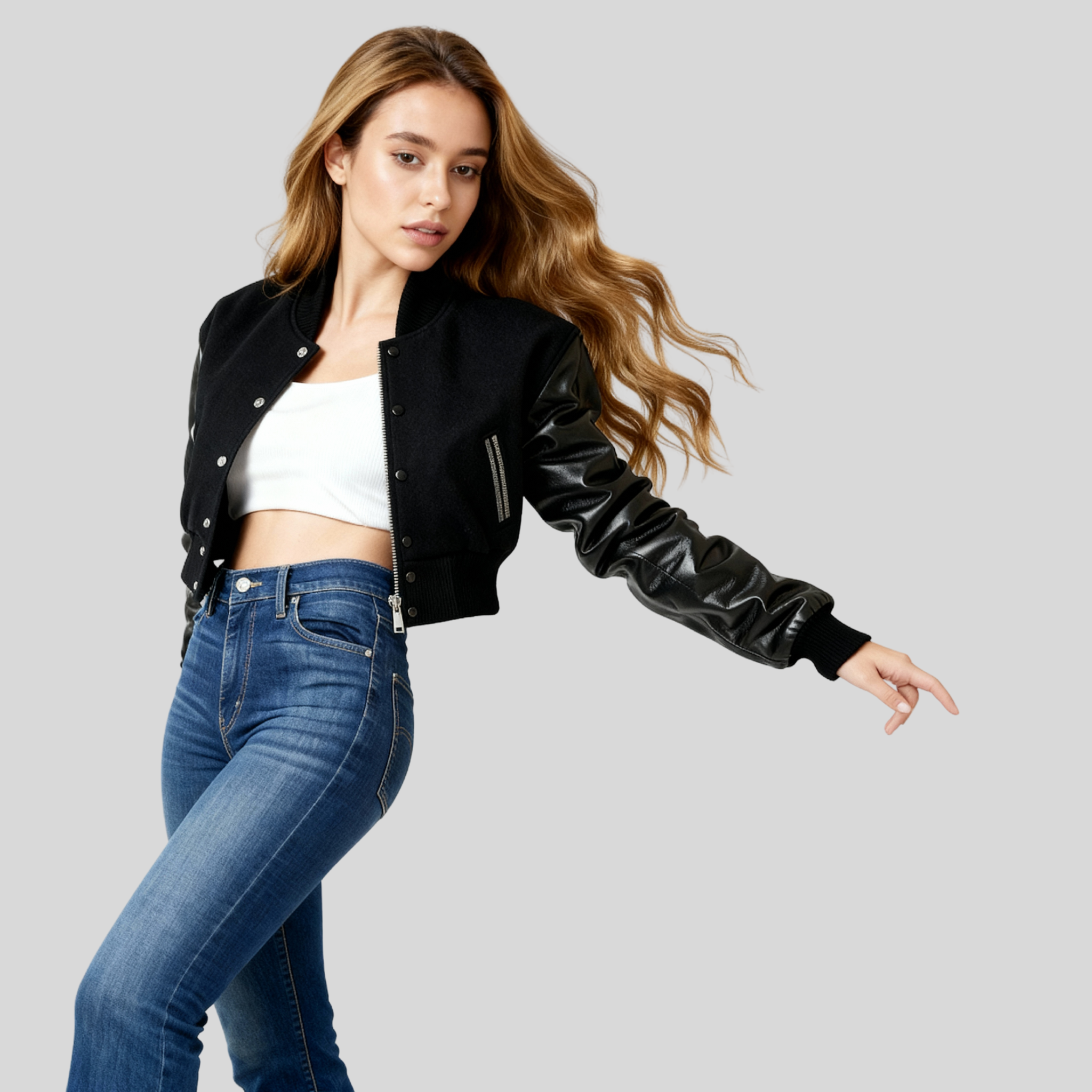 Black Wool & Black Leather Letterman Crop Top Jacket