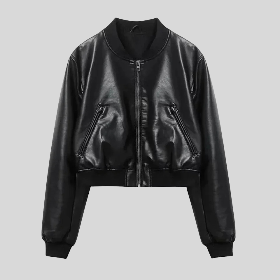 Women’s Classic Black Leather Bomber Jacket with Stand Collar