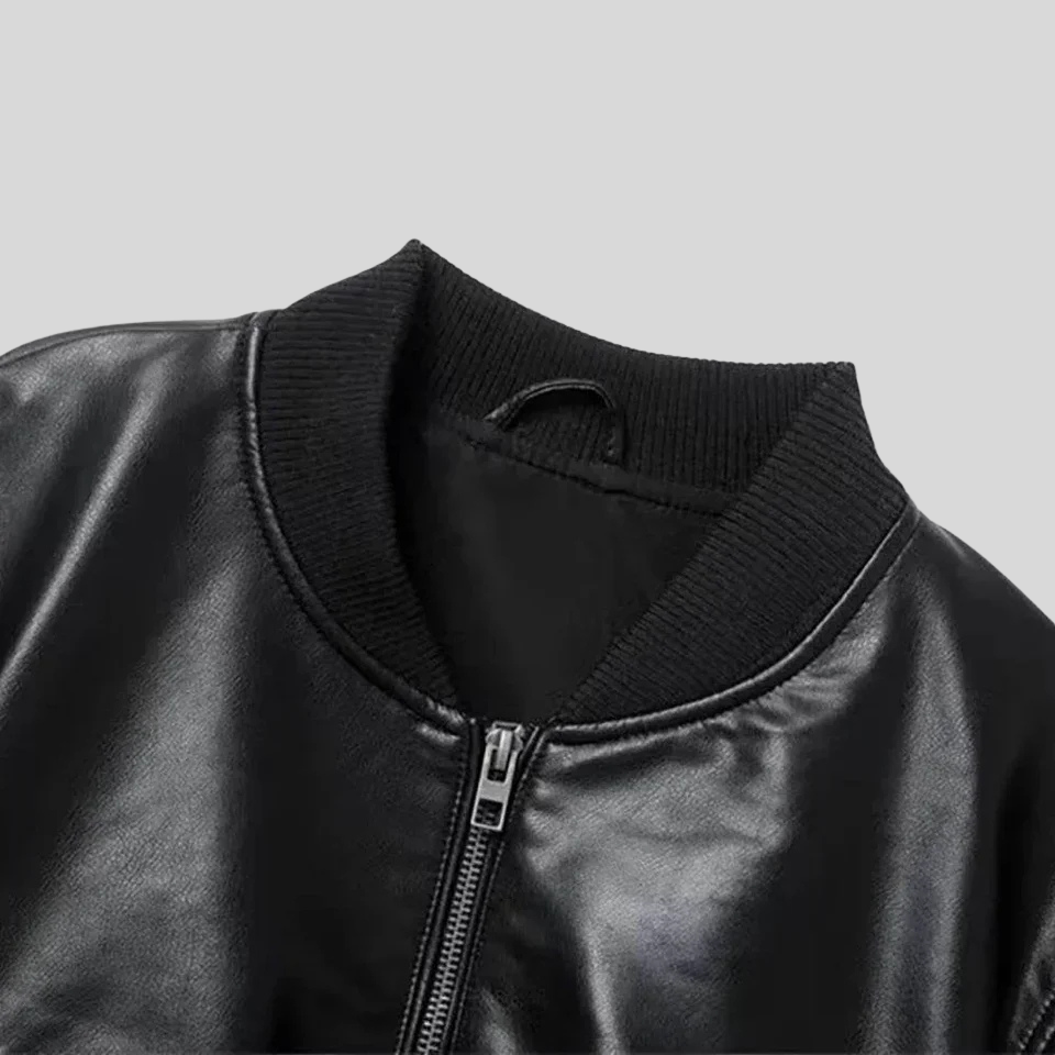 Women’s Classic Black Leather Bomber Jacket with Stand Collar