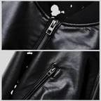 Women’s Classic Black Leather Bomber Jacket with Stand Collar