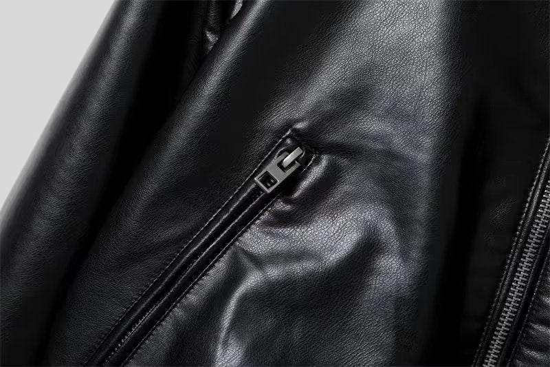 Women’s Classic Black Leather Bomber Jacket with Stand Collar