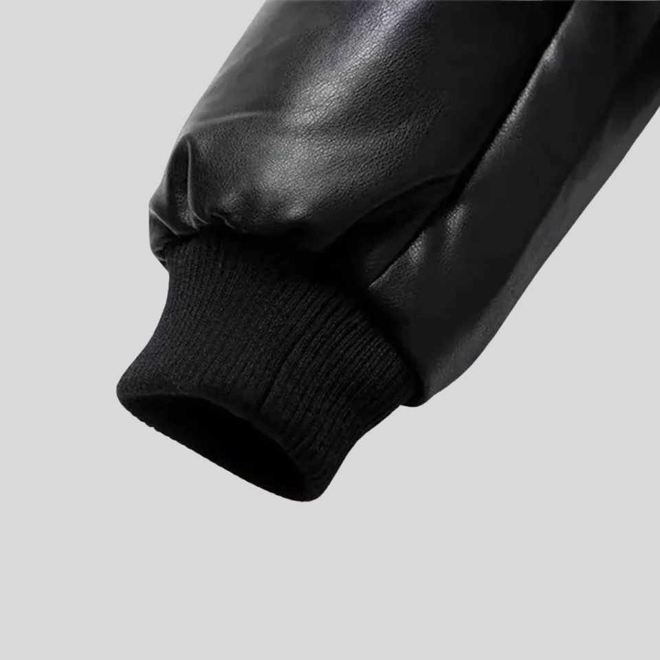 Women’s Classic Black Leather Bomber Jacket with Stand Collar