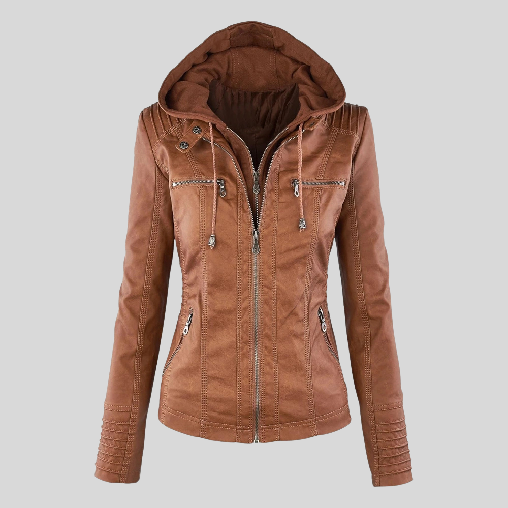 Women’s Camel Leather Moto Jacket with Detachable Hood and Quilted Sleeves