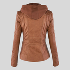 Women’s Camel Leather Moto Jacket with Detachable Hood and Quilted Sleeves
