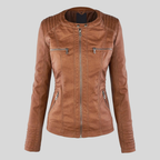 Women’s Camel Leather Moto Jacket with Detachable Hood and Quilted Sleeves