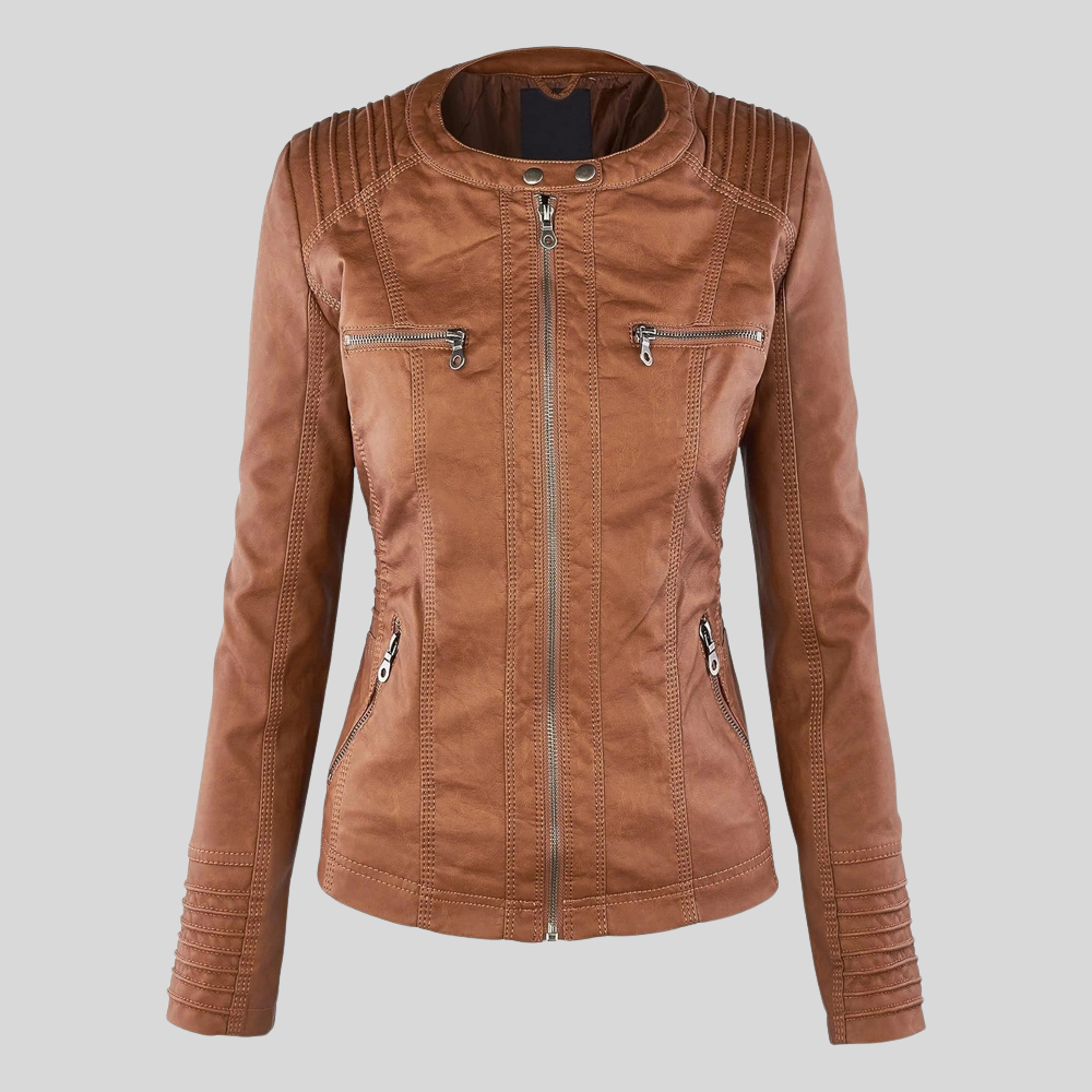 Women’s Camel Leather Moto Jacket with Detachable Hood and Quilted Sleeves