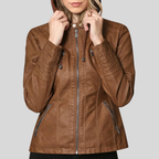Women’s Camel Leather Moto Jacket with Detachable Hood and Quilted Sleeves