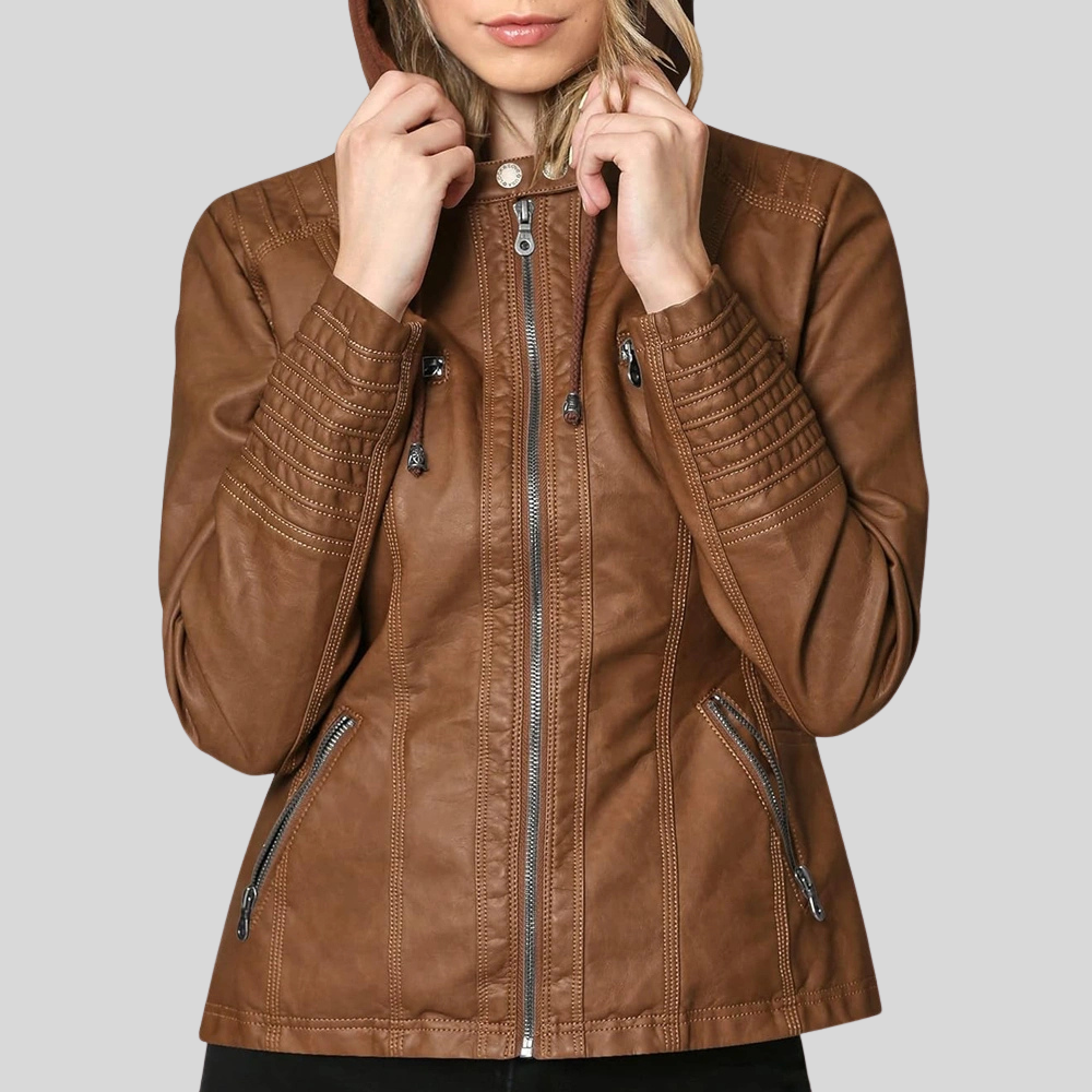Women’s Camel Leather Moto Jacket with Detachable Hood and Quilted Sleeves