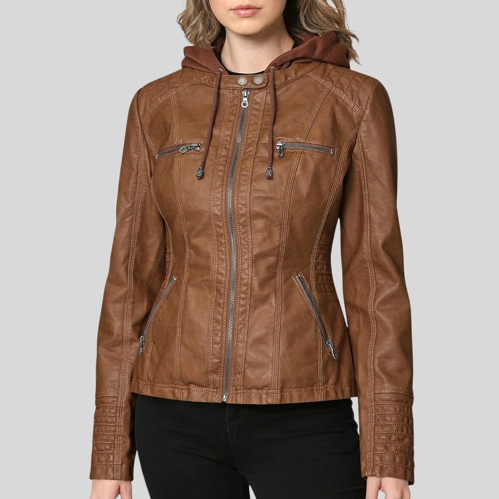 Women’s Camel Leather Moto Jacket with Detachable Hood and Quilted Sleeves