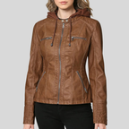 Women’s Camel Leather Moto Jacket with Detachable Hood and Quilted Sleeves