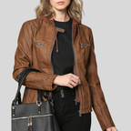 Women’s Camel Leather Moto Jacket with Detachable Hood and Quilted Sleeves