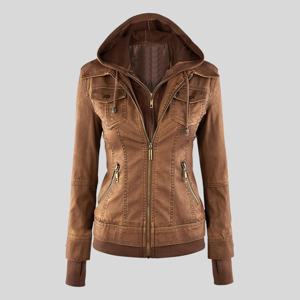 Women’s Camel Leather Moto Coat Jacket with Detachable Hood and Flap Pockets