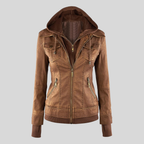 Women’s Camel Leather Moto Coat Jacket with Detachable Hood and Flap Pockets