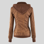 Women’s Camel Leather Moto Coat Jacket with Detachable Hood and Flap Pockets
