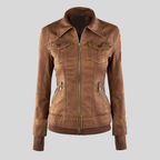 Women’s Camel Leather Moto Coat Jacket with Detachable Hood and Flap Pockets