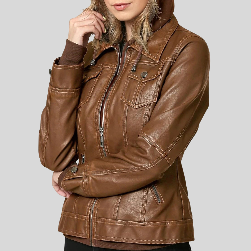 Women’s Camel Leather Moto Coat Jacket with Detachable Hood and Flap Pockets