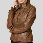 Women’s Camel Leather Moto Coat Jacket with Detachable Hood and Flap Pockets