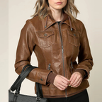 Women’s Camel Leather Moto Coat Jacket with Detachable Hood and Flap Pockets