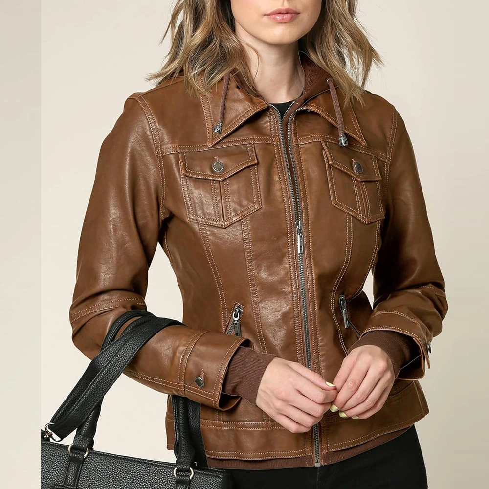 Women’s Camel Leather Moto Coat Jacket with Detachable Hood and Flap Pockets