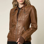 Women’s Camel Leather Moto Coat Jacket with Detachable Hood and Flap Pockets